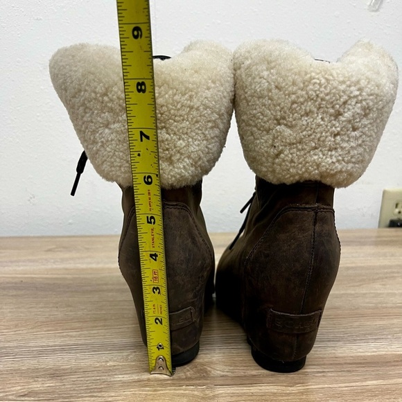 Sorel Conquest Wedge Fur Shearling Ankle Boots Brown Leather Lace Up - 7.5 - Picture 5 of 11